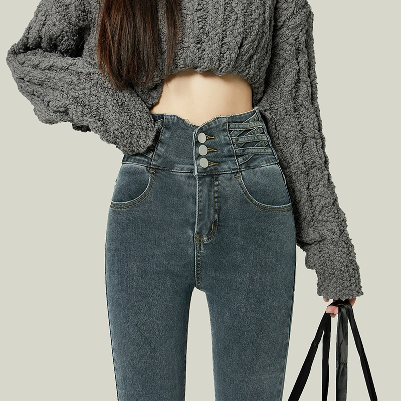 超高腰紧身牛仔裤女春秋2025新款修身弹力蓝灰色小脚铅笔裤子靴裤