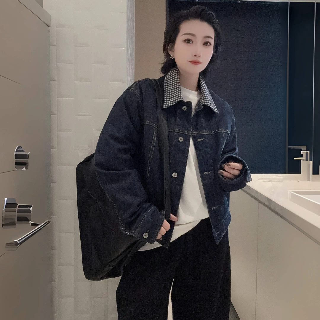 YUXI▪2025冬季新款欧韩版拼色牛仔外套女