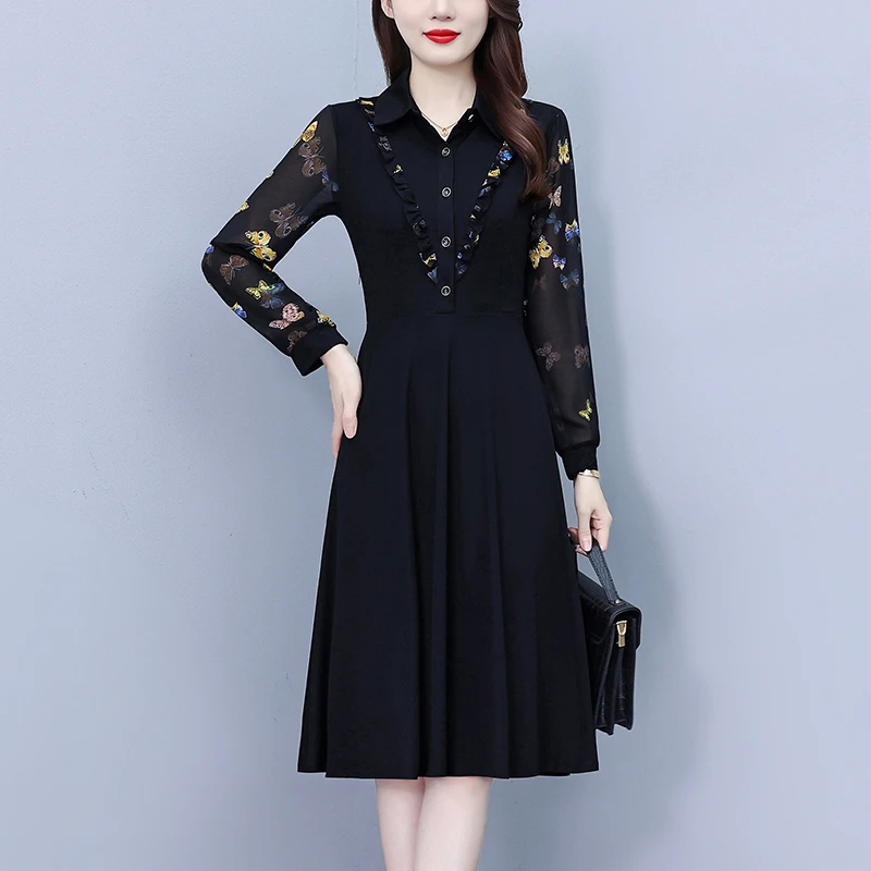 大码女装胖mm长袖印花连衣裙春秋新款洋气时尚修身显瘦中年妈妈装