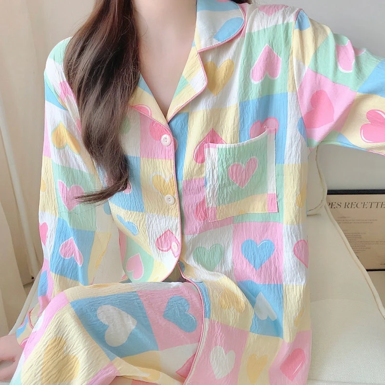 春秋季新款长袖开衫翻领云朵棉睡衣女韩版爆款甜美卡通家居服套装