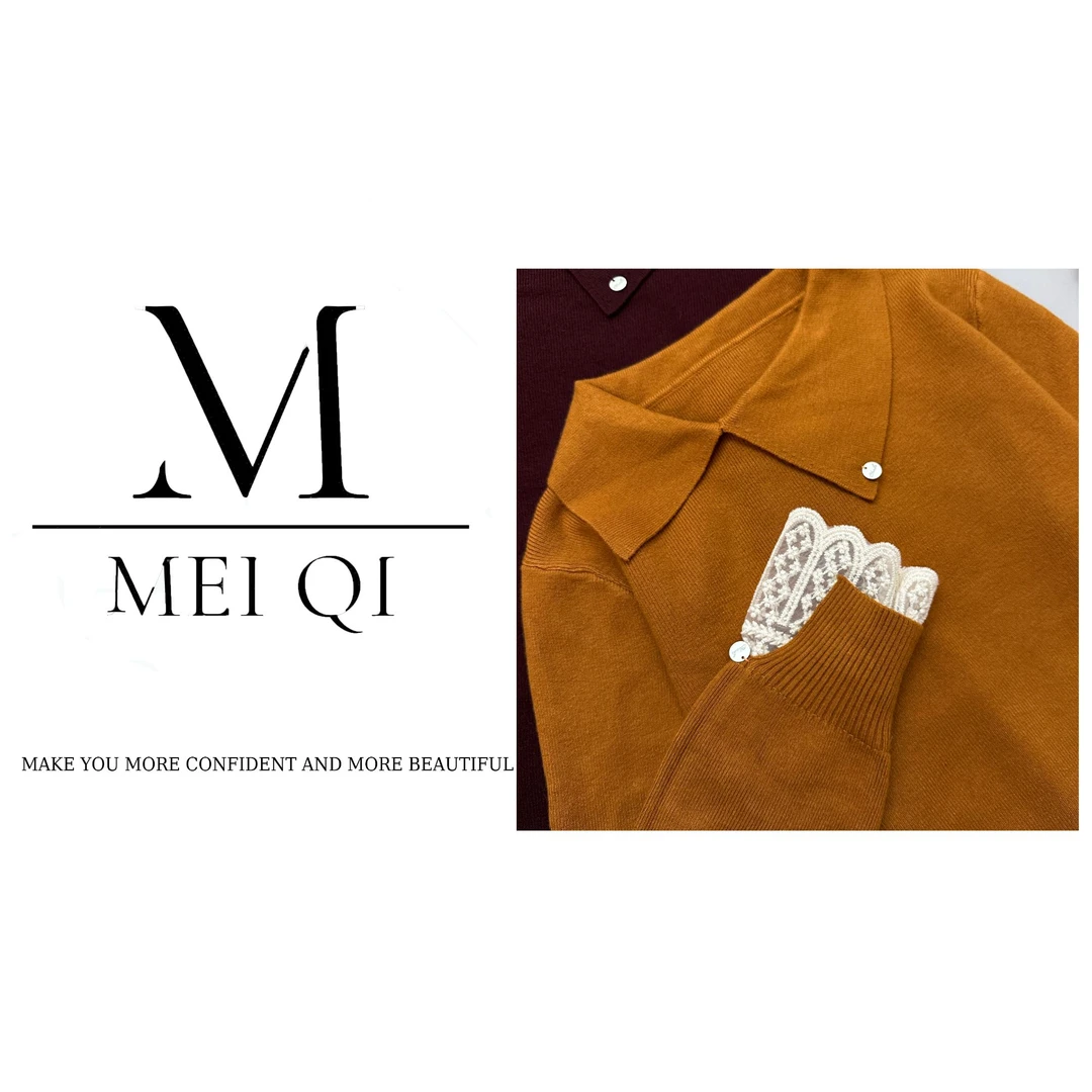 深圳南油白桃美美 不对称翻领小圆标蕾丝拼接纯色套头针织衫A3480