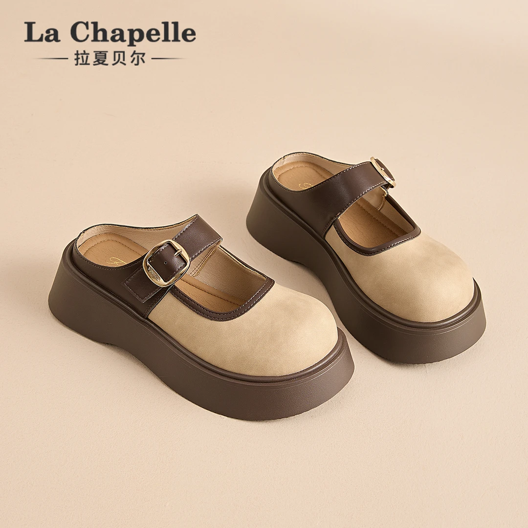 拉夏贝尔厚底勃肯玛丽珍半拖女2025冬季新款复古包头拖一脚蹬单鞋