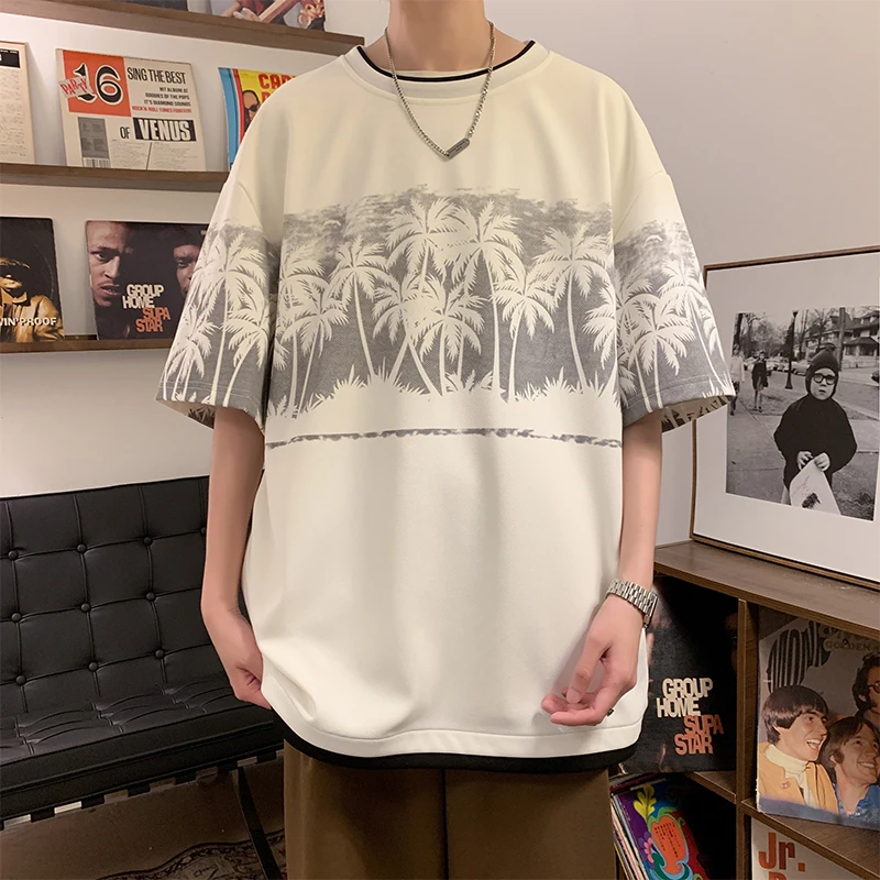 TX2403菠萝格短袖美式休闲宽松国潮印花情侣百搭夏季港风T恤