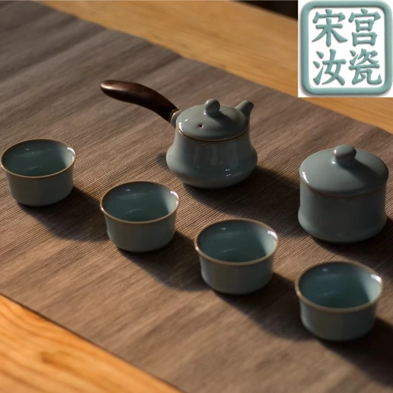 宋宫汝瓷正品侧把壶杯子套装汝窑家用办公开片茶杯整套送礼新款