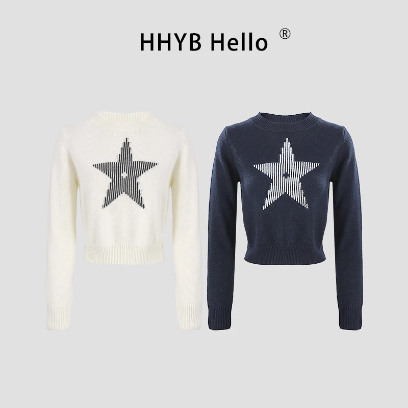 HHYB Hello2025早秋新款星星刺绣气质百搭套头短毛衣上衣M1371