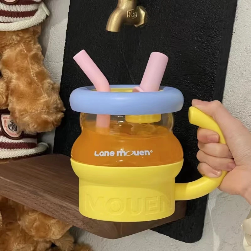 览萌Lane Mouen玻璃吸管杯女生高颜值水杯大容量杯子耐高温喵喵杯