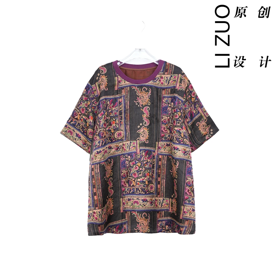 大码胖mm新中式28姆米国风喷绘花萝红云纱扁机领半袖上衣9337