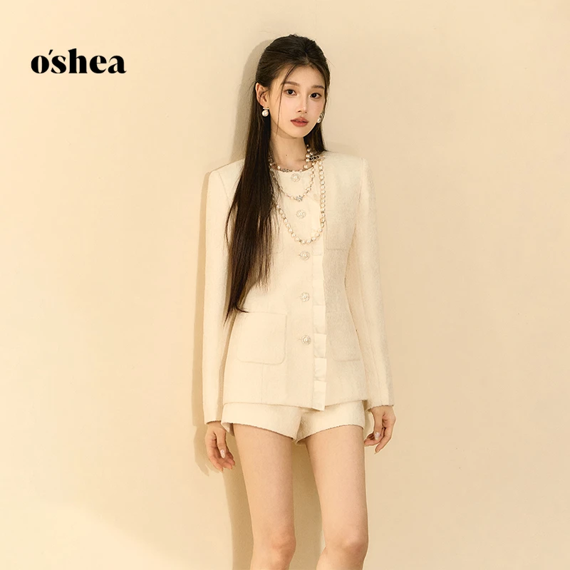 oshea 茉莉白荷叶边短外套女2025新款春季温柔精致贵气感简约上衣