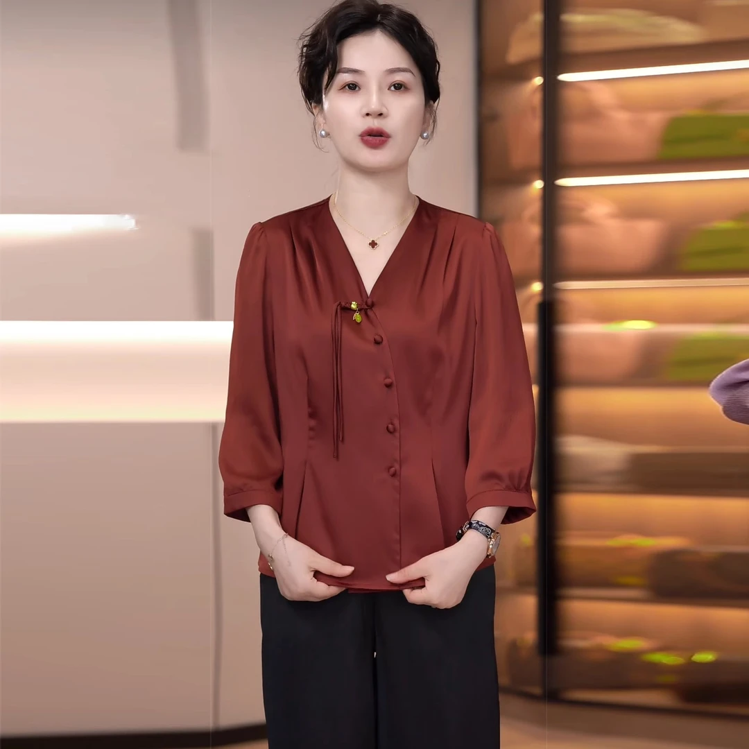 妈妈装春季新款中式国风上衣中老年斜襟盘口气质雪纺衫