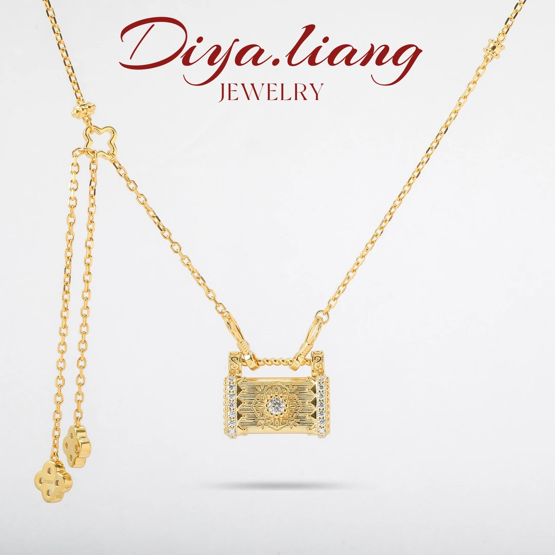 坠链均925银 梁雅帝新品【得偿锁愿】重工金色拉丝锁包气质纯银项链