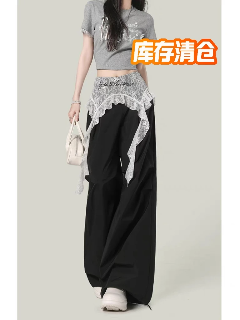 蕾丝拼接工装休闲长裤女2025 新款宽松阔腿裤#527