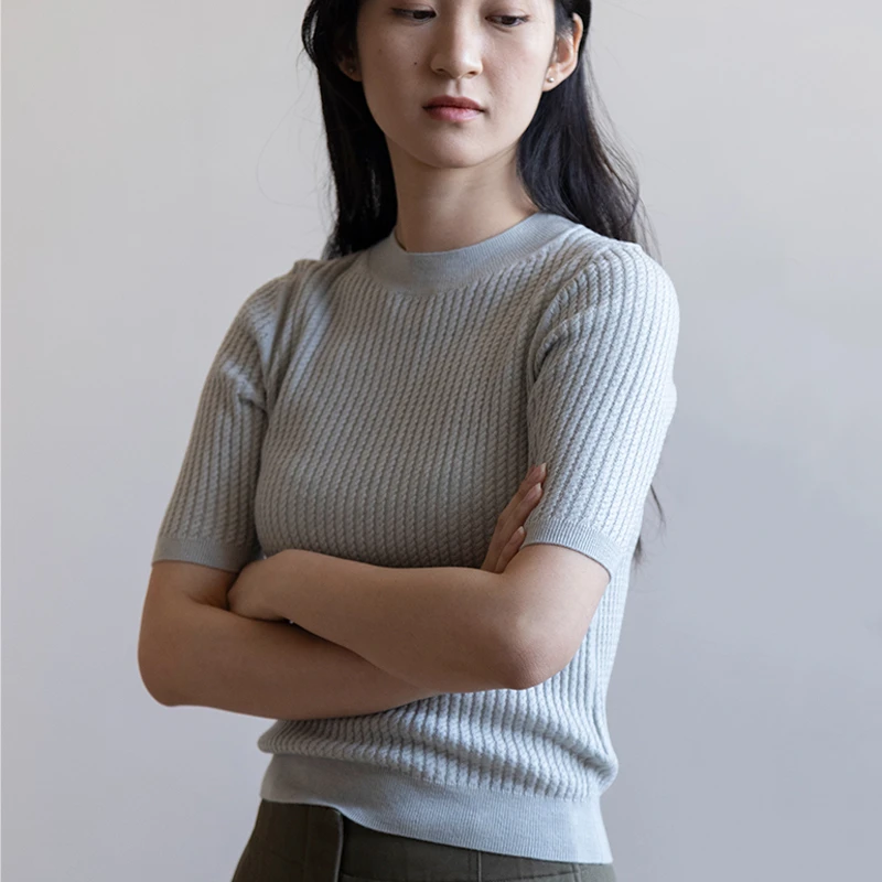 ziilam枝蓝 小麻花休闲针织衫t恤百搭修身显瘦短袖五分袖春夏打底