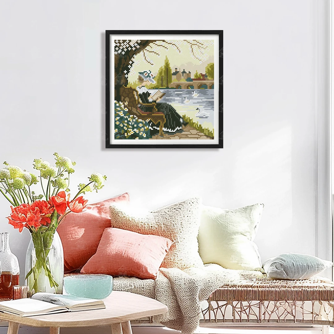 爱阁十字绣湖畔静读时光新款简约现代客厅书房玄关装饰画手工线绣