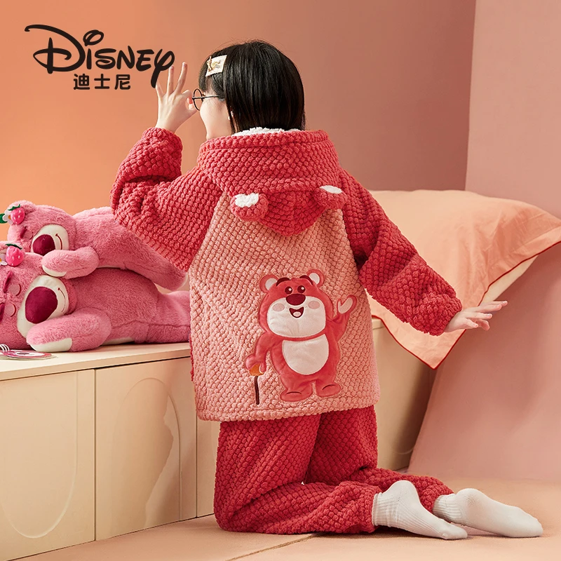 Disney/迪士尼草莓熊儿童睡衣冬季加绒女孩珊瑚绒家居服套装4155