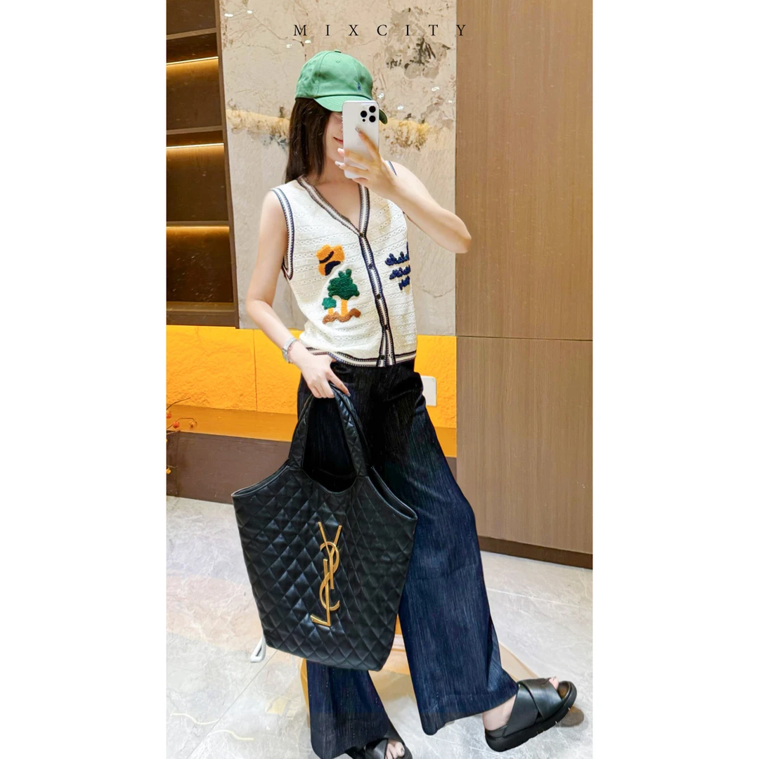 【亚楠本楠】椰语衫◆真丝苎麻立体椰树刺绣V领撞色针织马甲7748