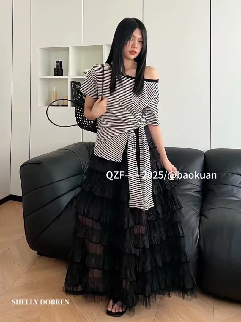 温柔风斜肩绑带短袖T恤7373