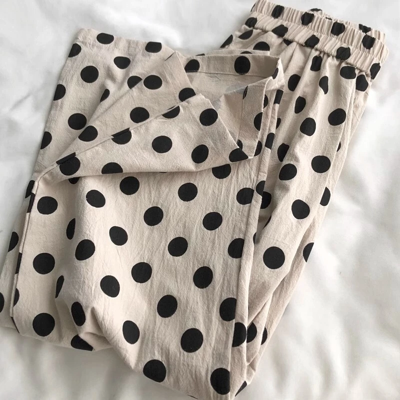 大码女装2025春夏文艺波点休闲直筒裤百搭松紧腰宽松小个子九分裤