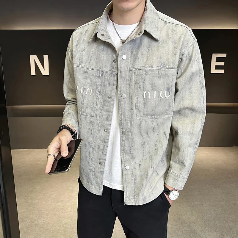 衬衫式牛仔外套男秋冬薄款翻领2025新款休闲字母刺绣牛仔褂男夹克