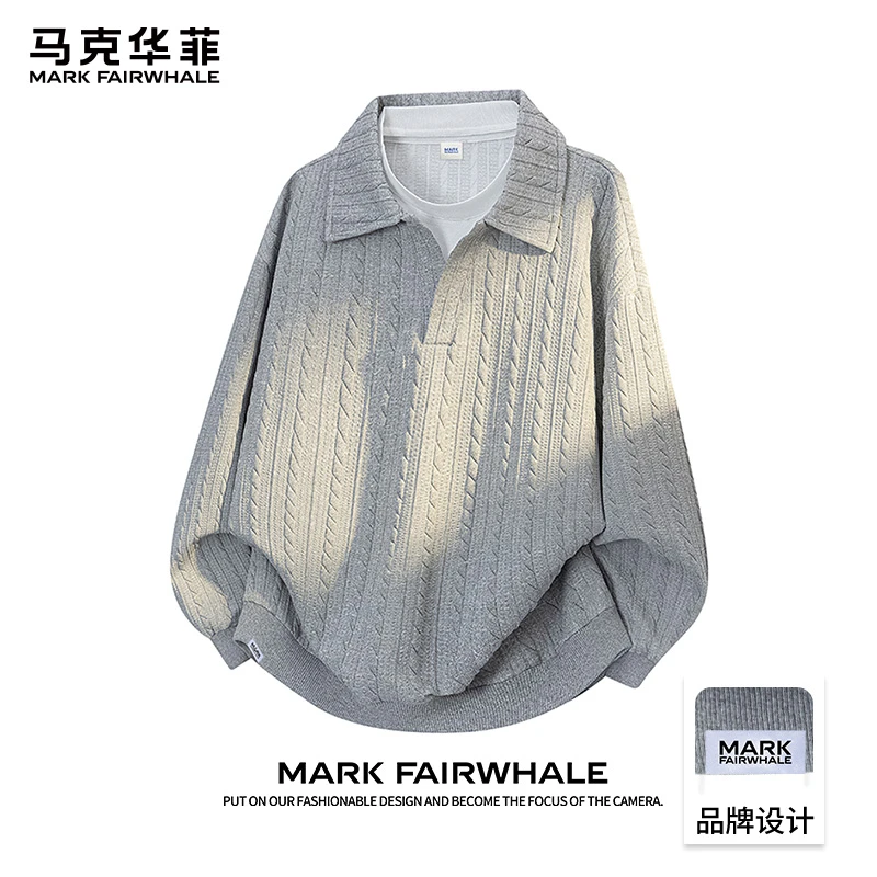 马克华菲时尚休闲翻领衣服男秋季提花纹理假两件卫衣宽松工装上衣