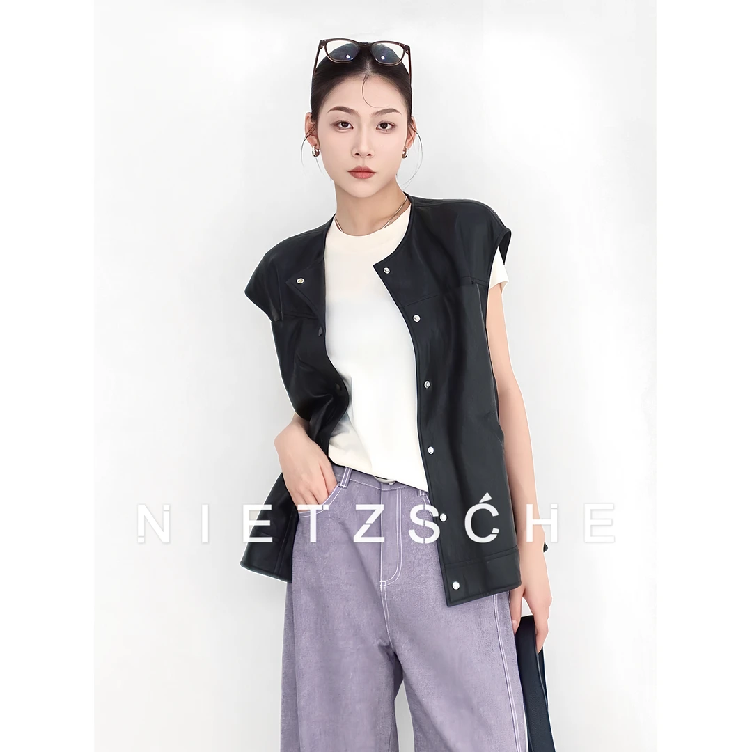 Nietzsche｜中古皮马甲｜皮衣Q弹轻软PU箱型半包袖外套女款皮衣7860