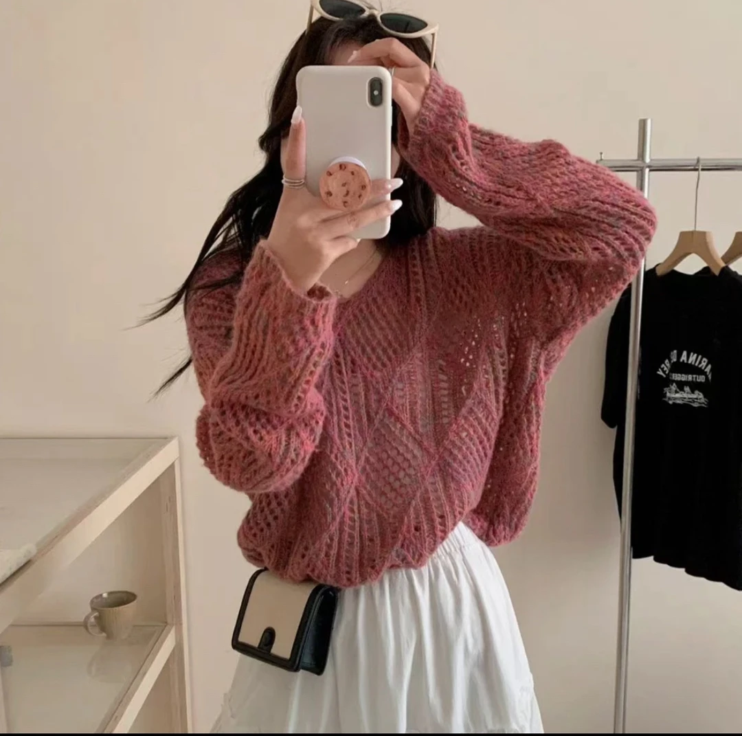 2025早秋新款韩版宽松慵懒风镂空针织衫女设计感小众毛衣外套上衣