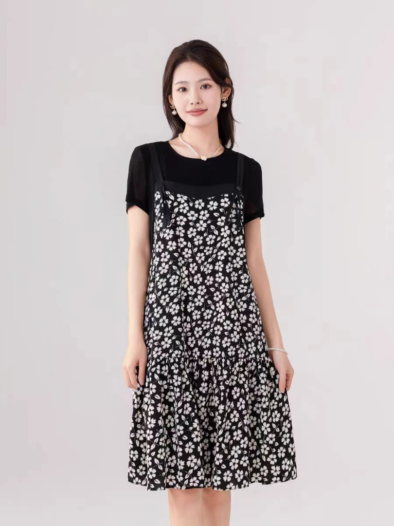 C41【专属】简约圆领拼接假两件显瘦气质连衣裙RS-GLS23B703