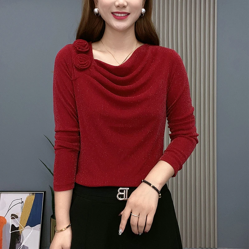 2025秋冬新款时尚堆堆领网纱长袖洋气纯色立体玫瑰花百搭套头上衣