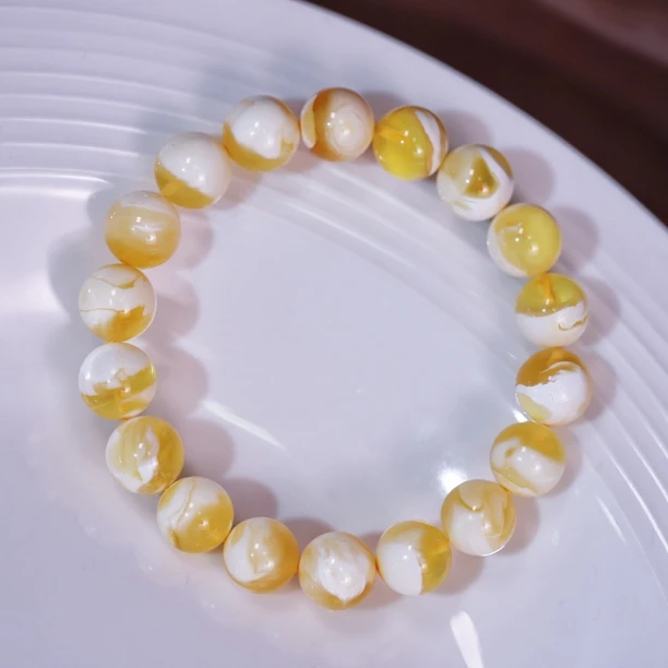 【10mm+】俄料精品无优化金瓷白妖花溶洞圆珠蜜蜡手串男女士叠戴