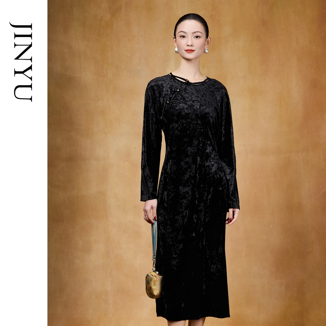 矝羽轩（思远）黑色新中式国风优雅显瘦女装钻石丝绒连衣新中式女装