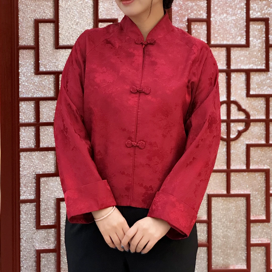 瑞蚨祥中式女夹衣立领红色桑蚕丝交织