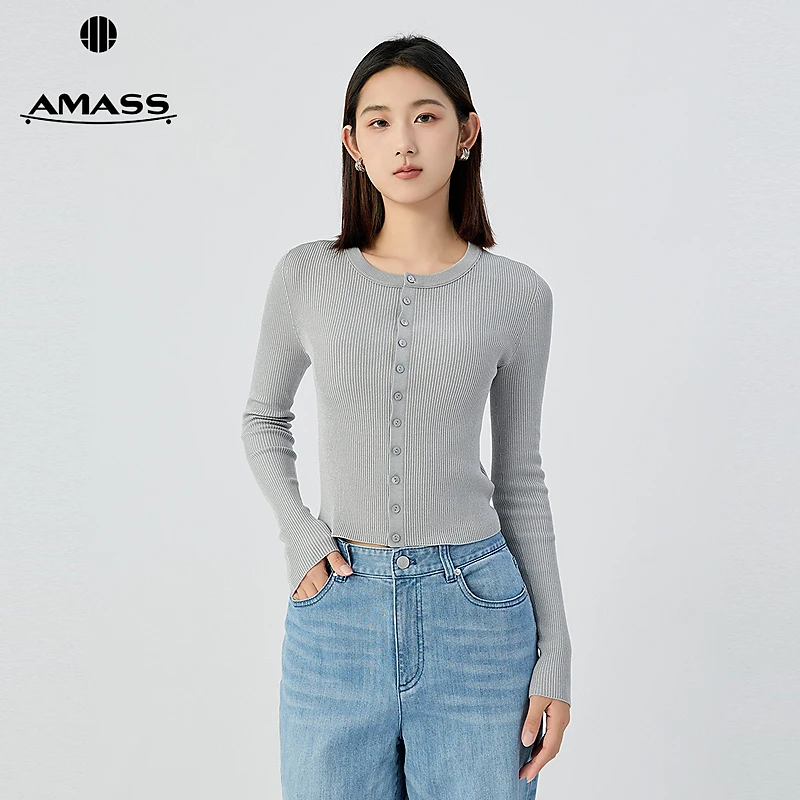 阿玛施AMASS经典简约百搭金银丝圆领短款修身羊毛针织开衫548037