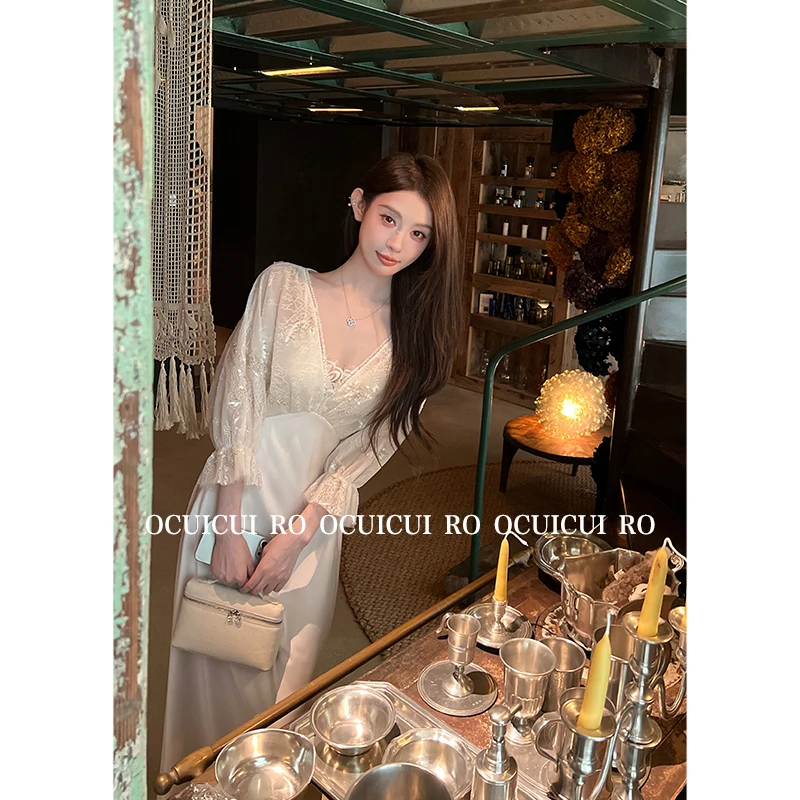 CUI CUI 崔崔【罗勒清晨】法式高级感缎面V领蕾丝网纱连衣裙套装女