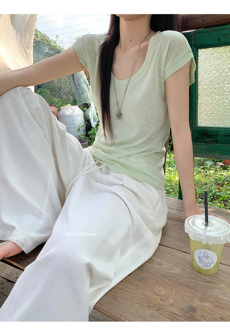 轻薄氧气感飞飞袖T恤女夏季显瘦小清新微透打底短袖雪花棉U领上衣