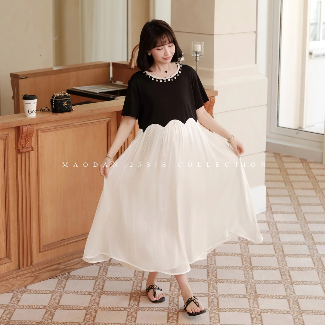 maodan/猫单【季夏昙花】孕妇装夏季高腰拼接时尚收腰宽松款连衣裙