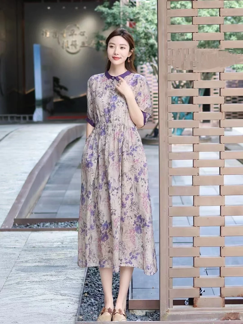 99显瘦高腰女装宽松浅色40岁妈妈裙子气质连衣裙过膝夏季旗袍