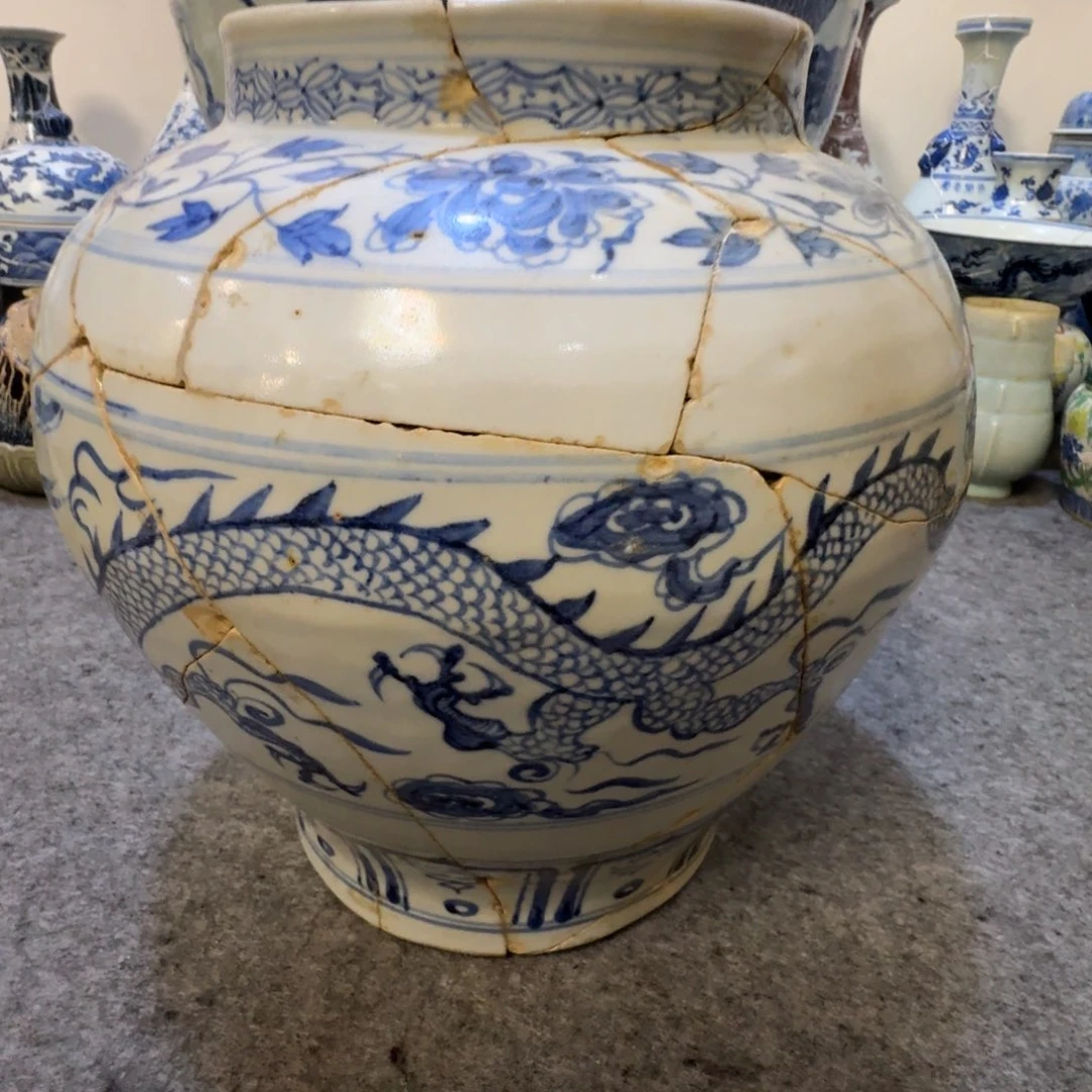 摆件陶瓷工艺品摆件青花龙纹罐标本修复件
