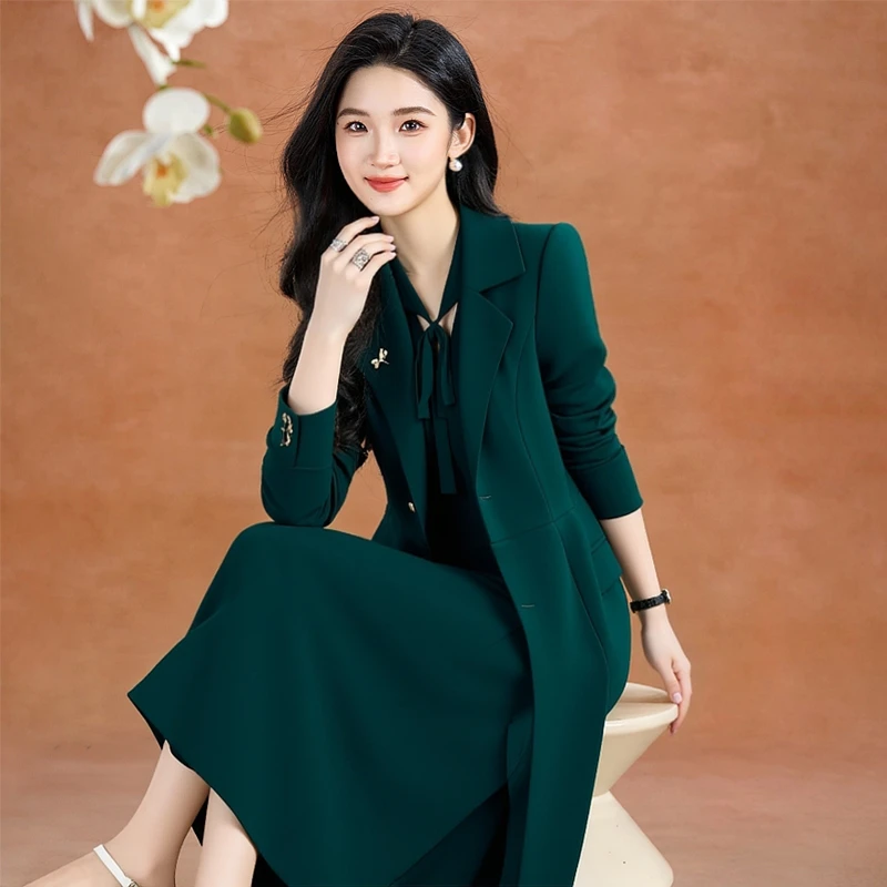【拉夏】轻奢风衣配连衣裙女2025新款春秋高端贵夫人两件套绿色套装