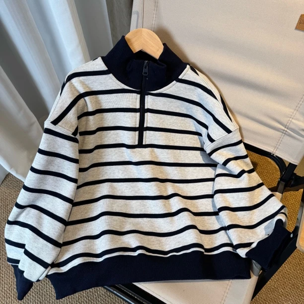 【加绒】男童加绒一体绒条纹卫衣冬季新款半高领立领打底衫女童上衣