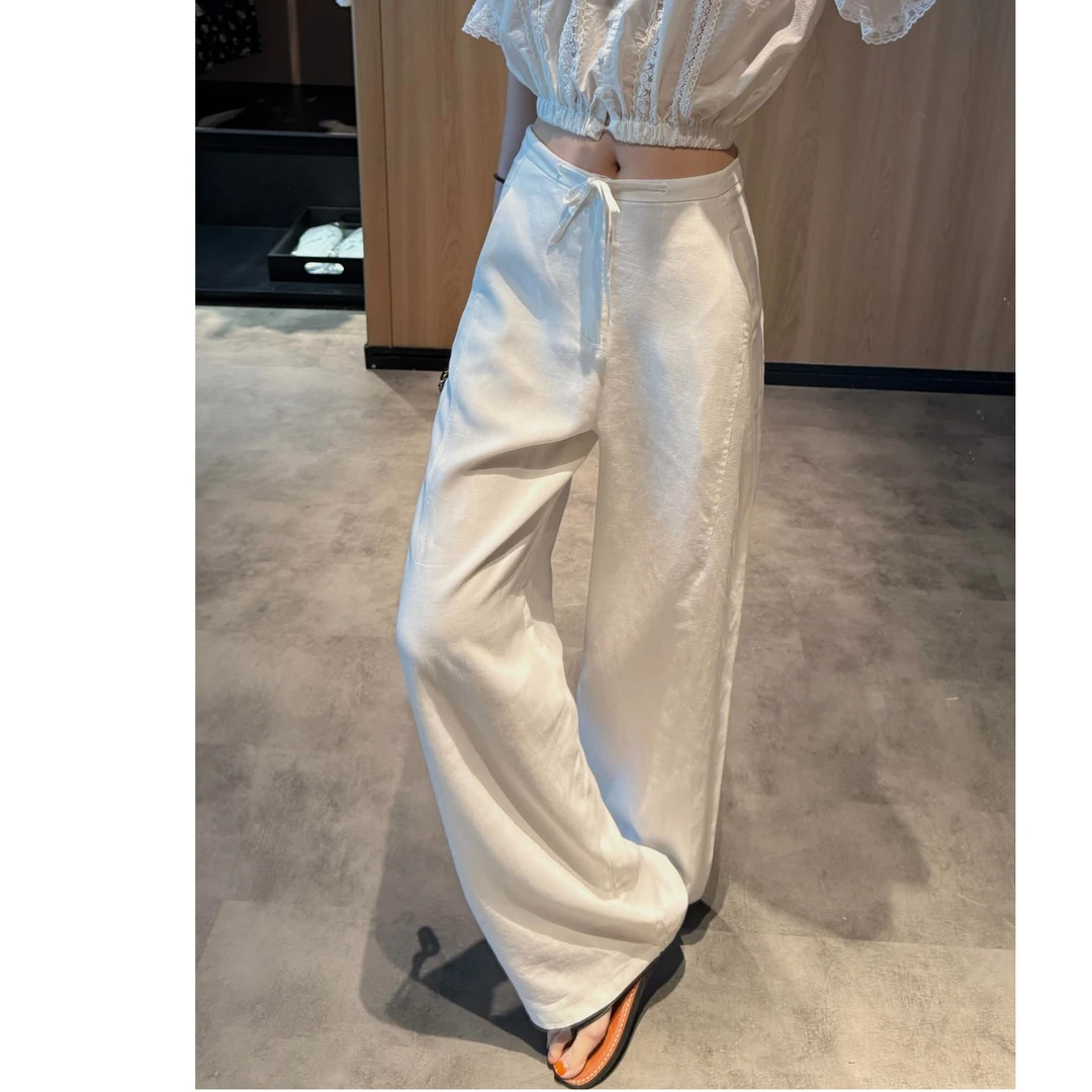 松弛感白色棉麻休闲直筒裤子微胖mm抽绳高腰遮肉显瘦垂感阔腿长裤