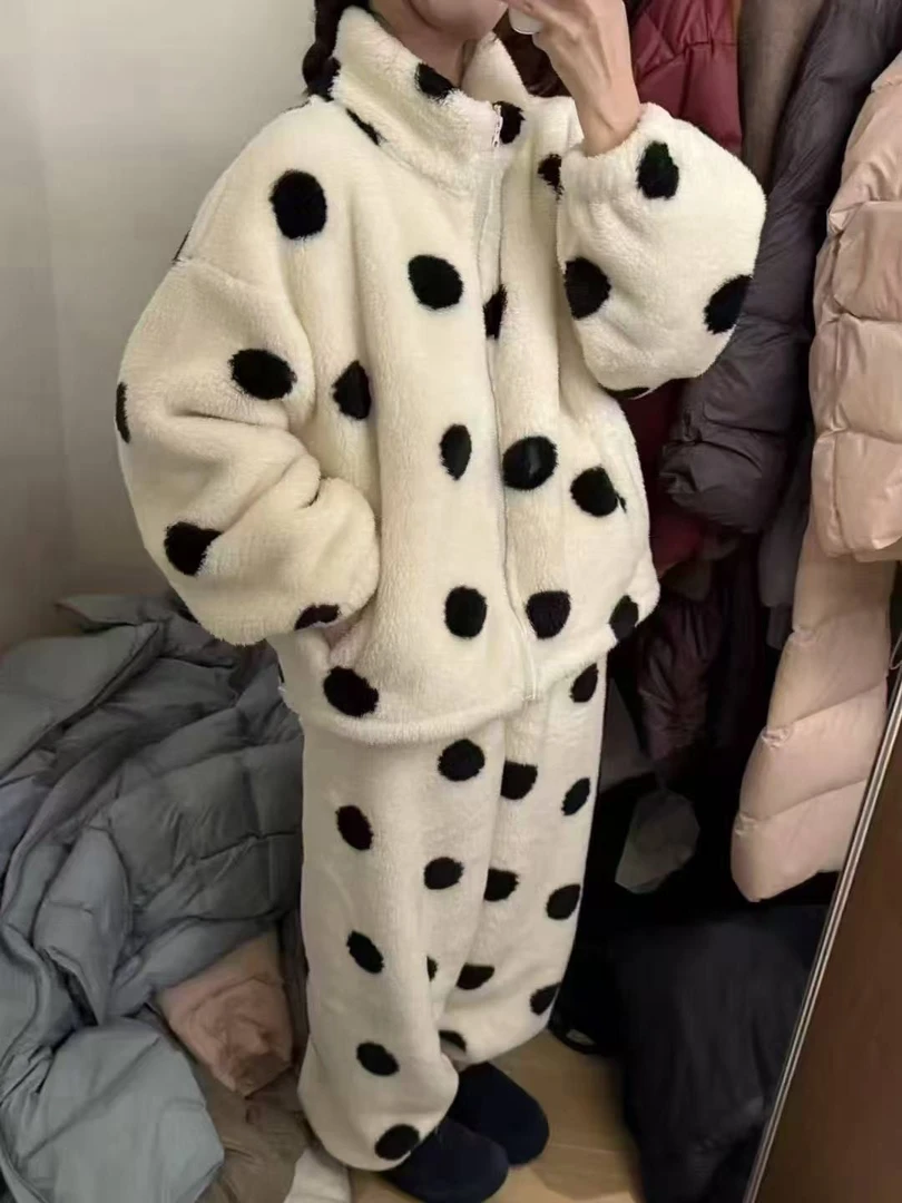 保暖冬季家居服套装秋季有弹性长袖睡衣松紧带波点