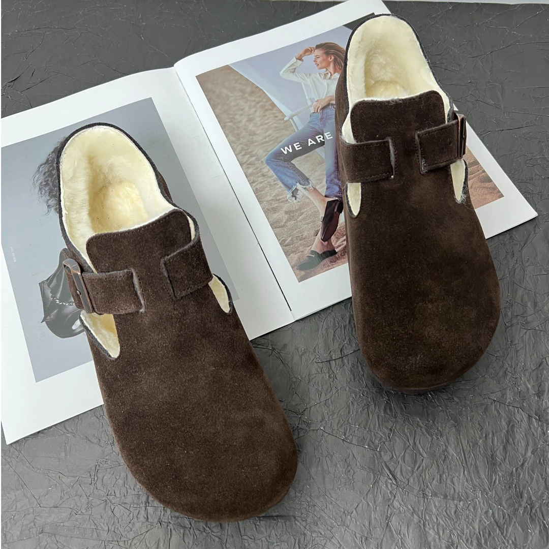 冬季休闲鞋皮带扣包头款休闲毛毛鞋厚底包头拖时尚加绒保暖百搭