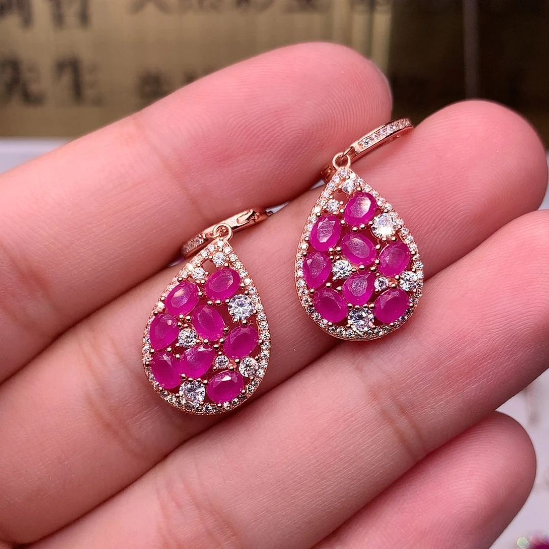 红宝石耳饰银S925镶嵌