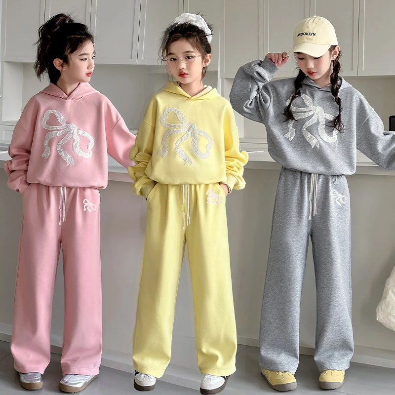 女童连帽卫衣2025新款运动春秋装中大儿童纯色针织蝴蝶结休闲套装