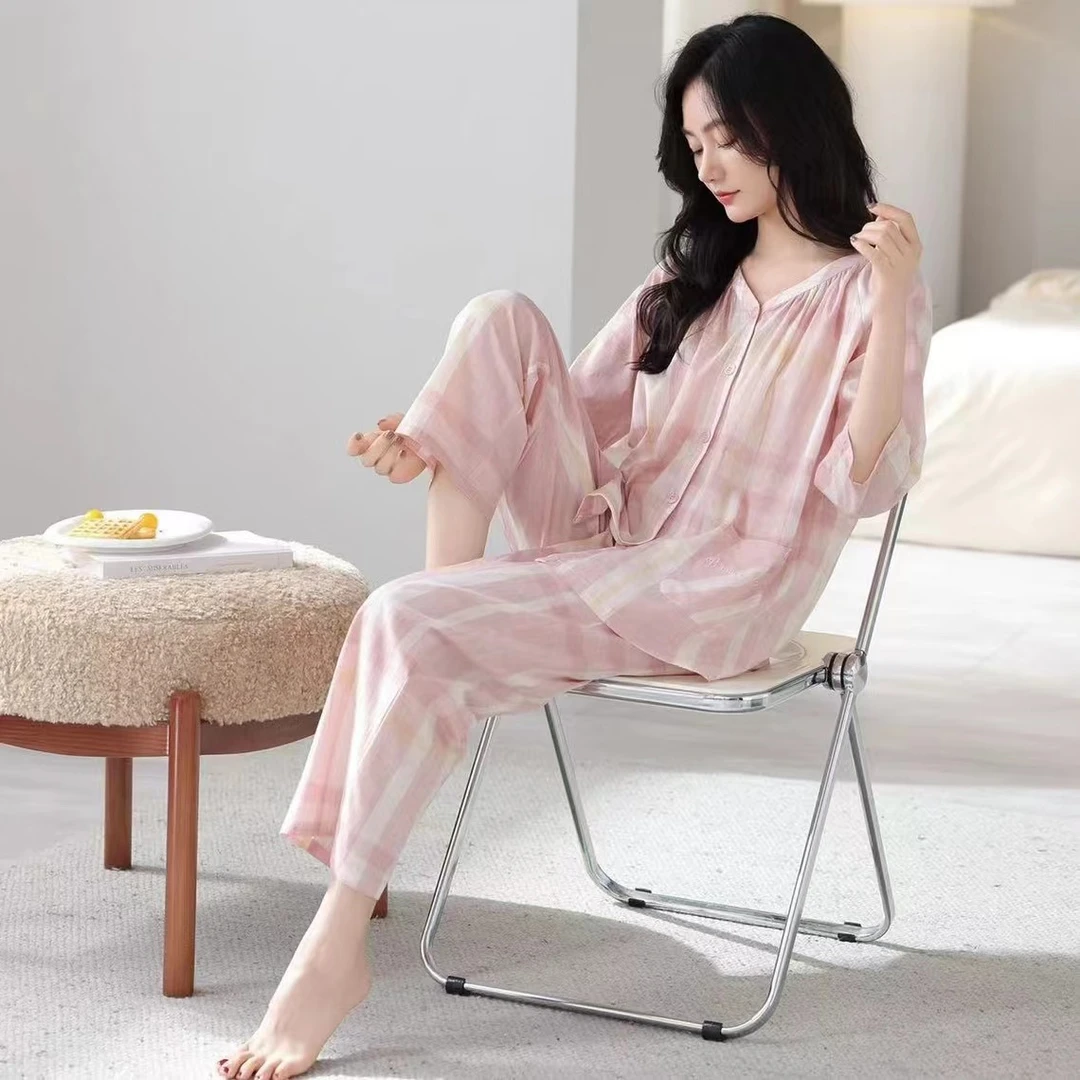 甜美ins风半袖格纹V领开衫睡衣女2025年春秋新款薄款可外穿家居服