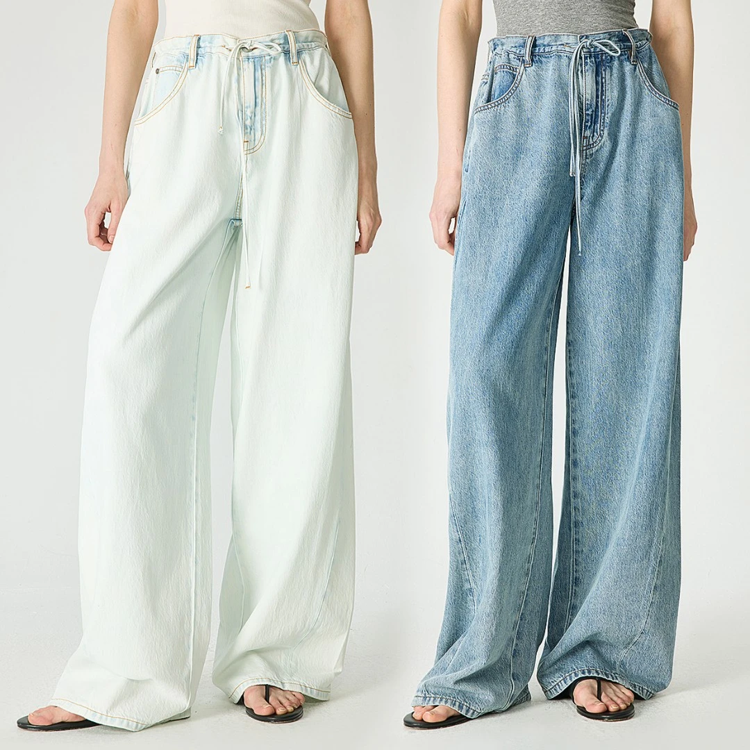 KEIGAN/开间 轻薄复古阔腿牛仔棉感抽绳宽松显瘦低腰直筒牛仔裤