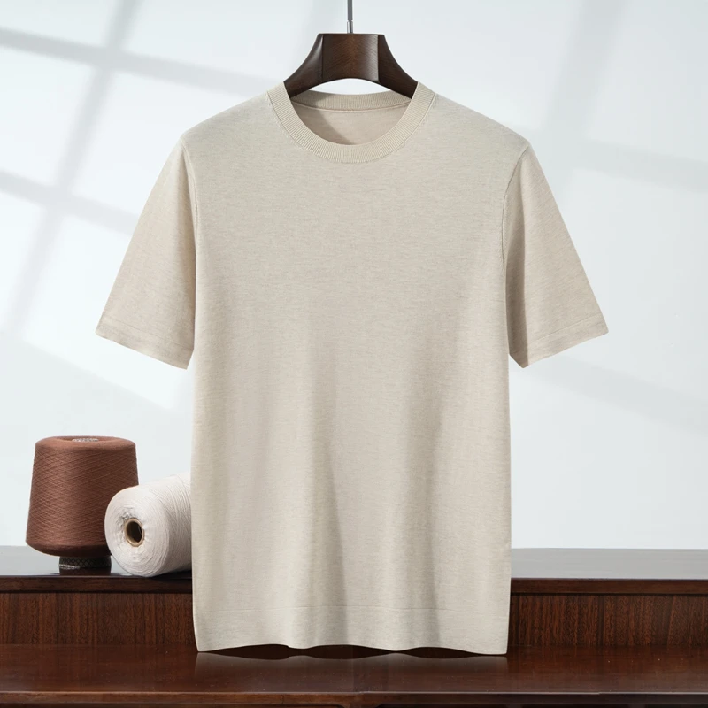 冰丝凉感T~百分百天丝桑蚕丝短袖男士T恤针织弹力纯色半袖透气