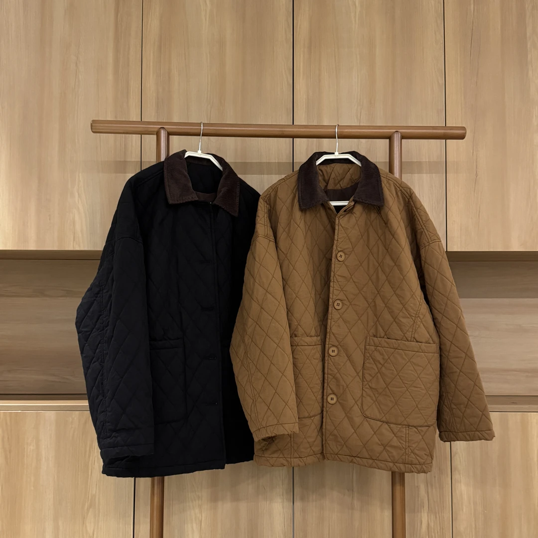 休闲宽松大码菱格中长款翻领棉服女冬季加厚保暖百搭外套