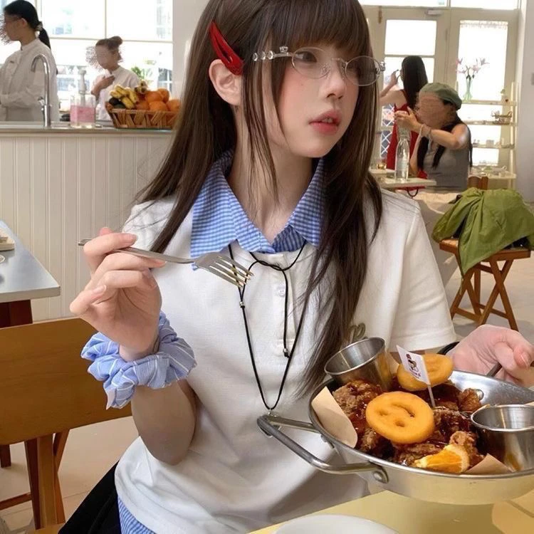 假两件polo衫t恤女夏季撞色拼接修身显瘦美式短袖学院风休闲上衣