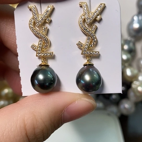 海水珍珠耳饰银S925镶嵌9-10