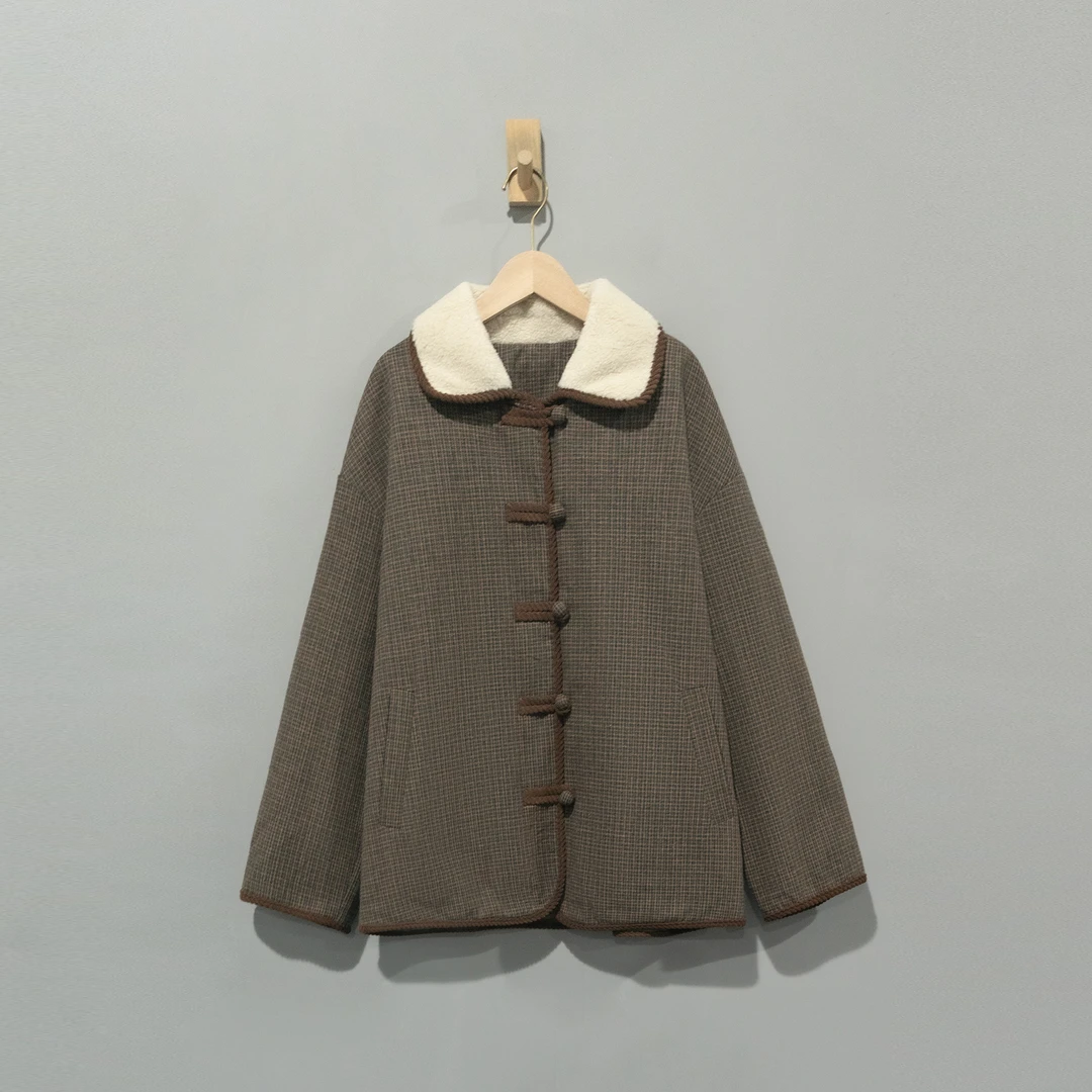 【且听风吟】0516610新中式复古百搭翻领盘扣千鸟格棉服外套